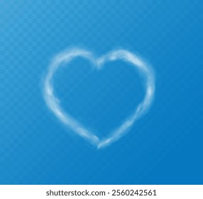 Realistic heart shaped smoke cloud on transparent blue sky background. Romantic smoky, white translucent heart shaped clouds. Vector illustration for your graphic design.	