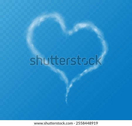 Realistic heart shaped smoke cloud on transparent blue sky background. Romantic smoky, white translucent heart shaped clouds. Vector illustration for your graphic design.	