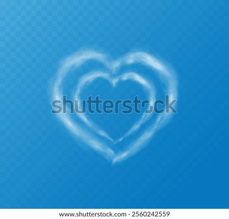 Realistic heart shaped smoke cloud on transparent blue sky background. Romantic smoky, white translucent heart shaped clouds. Vector illustration for your graphic design.	