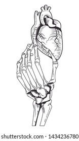 realistic heart and skeleton hand drawn in black and white tattoo icon vector illustration graphic design