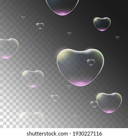 Realistic Heart soap bubbles with rainbow reflection on a transparent background, heart for valentine's. 