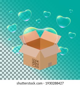 Realistic Heart soap bubbles with rainbow reflection  in Box on a transparent background.