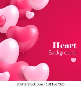 Realistic hearts balloon. Ornament of hearts in the form of balloons from left side on a red background. Romantic vector background for banner, card or presentation.