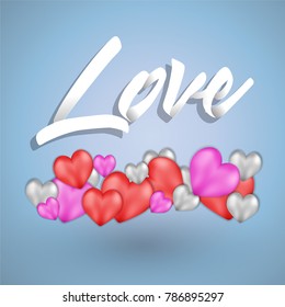 Realistic hearts colorful red pink and white ?banner wallpaper with love text for valentine day