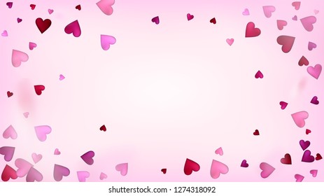 Realistic Hearts Vector Confetti. Valentines Day Wedding Pattern. Beautiful Pink Frame Valentines Day Decoration with Falling Down Hearts Confetti. Luxury Gift, Birthday Card, Poster Background