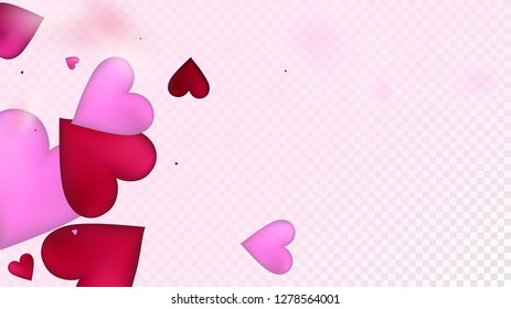Realistic Hearts Vector Confetti. Valentines Day Tender Pattern. Modern Gift, Birthday Card, Poster Background Valentines Day Decoration with Falling Down Hearts Confetti. Beautiful Pink Frame