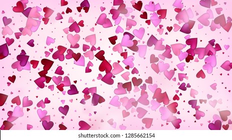 Realistic Hearts Vector Confetti. Valentines Day Wedding Pattern. Beautiful Pink Design Valentines Day Decoration with Falling Down Hearts Confetti. Trendy Gift, Birthday Card, Poster Background