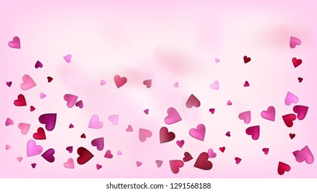 Realistic Hearts Vector Confetti. Valentines Day Wedding Pattern. Beautiful Pink Border Valentines Day Decoration with Falling Down Hearts Confetti. Modern Gift, Birthday Card, Poster Background