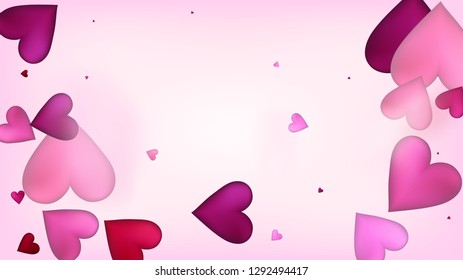 Realistic Hearts Vector Confetti. Valentines Day Wedding Pattern. Beautiful Pink Frame Valentines Day Decoration with Falling Down Hearts Confetti. Modern Gift, Birthday Card, Poster Background