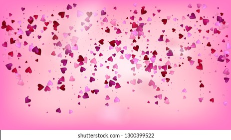 Realistic Hearts Vector Confetti. Valentines Day Wedding Pattern. Beautiful Pink Scatter Valentines Day Decoration with Falling Down Hearts Confetti. Elegant Gift, Birthday Card, Poster Background