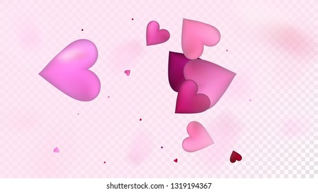 Realistic Hearts Vector Confetti. Valentines Day Tender Pattern. Beautiful Pink Border Valentines Day Decoration with Falling Down Hearts Confetti. Rich VIP Gift, Birthday Card, Poster Background