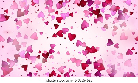 Realistic Hearts Vector Confetti. Valentines Day Tender Pattern. Trendy Gift, Birthday Card, Poster Background Valentines Day Decoration with Falling Down Hearts Confetti. Beautiful Pink Frame