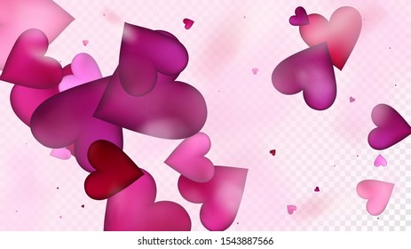 Realistic Hearts Vector Confetti. Valentines Day Tender Pattern. Beautiful Pink Frame Valentines Day Decoration with Falling Down Hearts Confetti. Modern Gift, Birthday Card, Poster Background