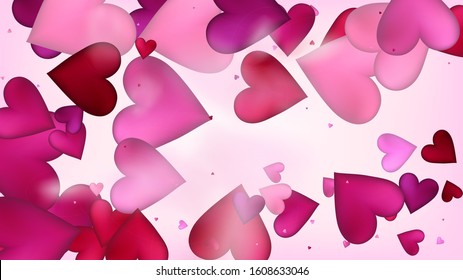 Realistic Hearts Vector Confetti. Valentines Day Romantic Pattern. Beautiful Pink Design Valentines Day Decoration with Falling Down Hearts Confetti. Trendy Gift, Birthday Card, Poster Background