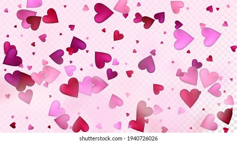 Realistic Hearts Vector Confetti. Valentines Day Tender Pattern. Beautiful Pink Border Valentines Day Decoration with Falling Down Hearts Confetti. Luxury Gift, Birthday Card, Poster Background