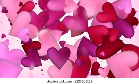 Realistic Hearts Vector Confetti. Valentines Day Romantic Pattern. Trendy Gift, Birthday Card, Poster Background Valentines Day Decoration with Falling Down Hearts Confetti. Beautiful Pink Frame
