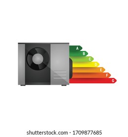 realistic Heat pump with energy performance label. Conceptual vector illustration in flat style design.Isolated on background.