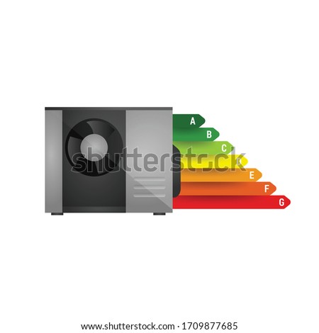 realistic Heat pump with energy performance label. Conceptual vector illustration in flat style design.Isolated on background.