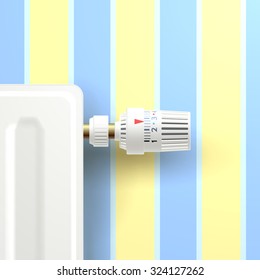 Realistic heating radiator with temperature knob on room wallpaper background vector illustration