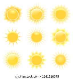 Realistic Heating Suns. Glare Happy Weather Sun Icons, Circle Cartoon Burn Sunny Elements Isolated On White Background