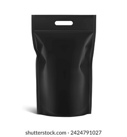 Realistic heavy black stand up pouch bag with handle mockup with shadow. Front view. Vector illustration isolated on white background. Easy to make a realistic mockup of your product. EPS10.