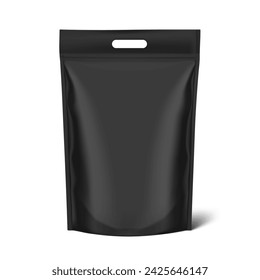 Realistic heavy black stand up pouch bag with handle mockup with shadow. Front view. Vector illustration isolated on white background. Easy to make a realistic mockup of your product. EPS10.