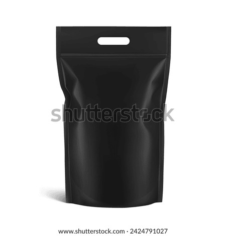 Realistic heavy black stand up pouch bag with handle mockup with shadow. Front view. Vector illustration isolated on white background. Easy to make a realistic mockup of your product. EPS10.