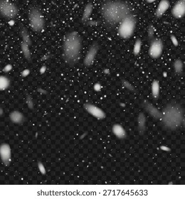 Realistic Heavy Falling Snow Overlay with Motion Blur on Transparent Background. Vector illustration