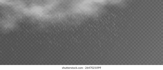 Realistic heavy rain with fog effect on a transparent background. Misty clouds and raindrops for weather scene. Footage for seasonal illustrations or atmospheric overlays. Vector illustration.