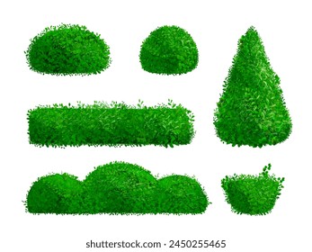 Realistic hedge. Hedges vegetation ornamental shrub, topiary background boxwood foliage evergreen grove park house garden shrubbery grass 3d green plant, vector illustration of branch bush cartoon