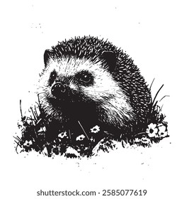 realistic hedgehog engraving capturing fine details of spines and fur, perfect for forest wildlife art and traditional illustrations