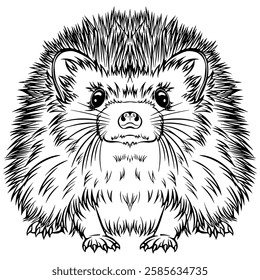 Realistic hedgehog front view. Wild forest animal. Vector illustrations in hand drawn sketch style isolated on white. Black outline animal graphic. Design for coloring book page, print