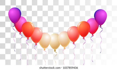 Realistic Helium Balloons Vector Bright Collection. Birthday Party Celebration, Music Festival, Carnival, Funky Gift Card. Flying Airy Realistic Helium Balloons Bunch Set on Transparent Background