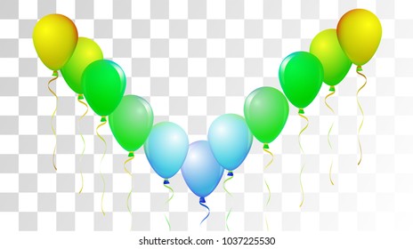 Realistic Helium Balloons Vector Color Collection. Birthday Party Celebration, Music Festival, Carnival, Funky Decoration. Childrens Joy, Realistic Helium Balloons Bunch on Transparent Background.