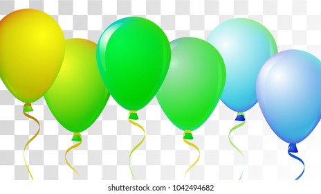 Realistic Helium Balloons Vector Color Collection. Birthday Party Celebration, Music Festival, Carnival, Funky Present. Childrens Joy, Realistic Helium Balloons Bunch on Transparent Background.