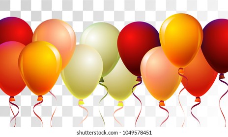 Realistic Helium Balloons Vector Color Collection. Birthday Party Celebration, Music Festival, Carnival, Funky Gift Card. Shiny Fun Realistic Helium Balloons Bunch Set on Transparent Background.