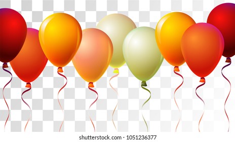 Realistic Helium Balloons Vector Color Collection. Party Celebration, Music Festival, Carnival, Event Decoration, Gift Card. Flying Airy Realistic Helium Balloons Set on Transparent Background.