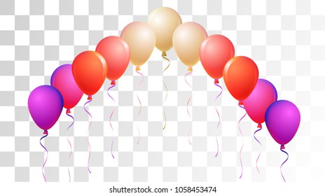 Realistic Helium Balloons Vector Color Collection. Music Festival, Birthday Party Celebration, Carnival, Poster Decoration. Childrens Joy, Realistic Helium Balloons Bunch on Transparent Background.