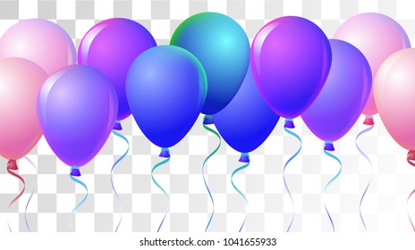 Realistic Helium Balloons Vector Colored Collection. Birthday Party Celebration, Music Festival, Carnival, Funky Gift Card. Shiny Fun Realistic Helium Balloons Bunch Set on Transparent Background.