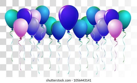 Realistic Helium Balloons Vector Colored Collection. Music Festival, Birthday Party Celebration, Carnival, Poster Decoration. Childrens Joy, Realistic Helium Balloons Bunch on Transparent Background.