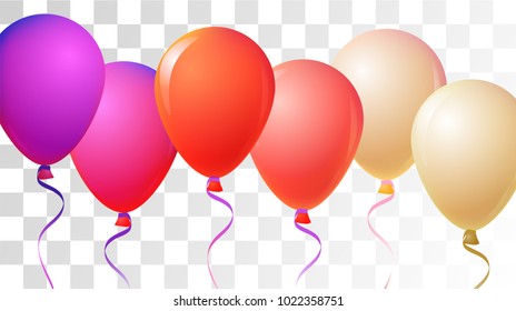Realistic Helium Balloons Vector Flying Collection. Music Festival, Birthday Party Celebration, Carnival, Poster Decoration. Fun Glossy Realistic Helium Balloons Bunch Set on Transparent Background.