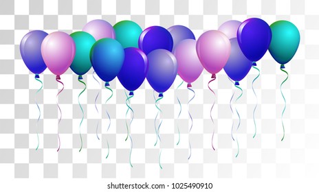 Realistic Helium Balloons Vector Flying Collection. Birthday Party Celebration, Music Festival, Carnival, Funky Gift Card. Childrens Joy, Realistic Helium Balloons Bunch on Transparent Background.