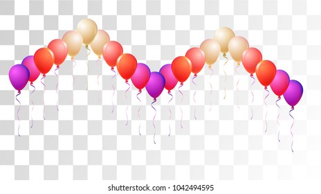 Realistic Helium Balloons Vector Flying Collection. Music Festival, Birthday Party Celebration, Carnival, Poster Decoration. Shiny Realistic Helium Balloons Bunch Set on Transparent Background.