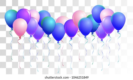 Realistic Helium Balloons Vector Flying Collection. Birthday Party Celebration, Music Festival, Carnival, Funky Gift Card. Flying Airy Realistic Helium Balloons Set on Transparent Background.