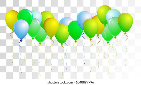Realistic Helium Balloons Vector Flying Collection. Birthday Party Celebration, Music Festival, Carnival, Funky Gift Card. Flying Airy Realistic Helium Balloons Bunch Set on Transparent Background