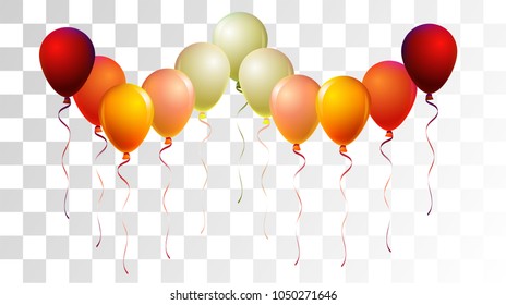 Realistic Helium Balloons Vector Flying Collection. Birthday Party Celebration, Music Festival, Carnival, Funky Present. Childrens Joy, Realistic Helium Balloons Bunch on Transparent Background.