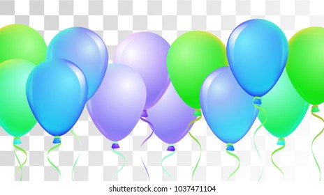 Realistic Helium Balloons Vector Trendy Collection. Party Celebration, Music Festival, Carnival, Event Decoration, Gift Card. Flying Airy Realistic Helium Balloons Bunch on Transparent Background.