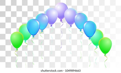 Realistic Helium Balloons Vector Trendy Collection. Birthday Party Celebration, Music Festival, Carnival, Funky Gift Card. Childrens Joy, Realistic Helium Balloons Bunch on Transparent Background.