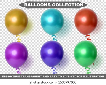 Realistic helium colorful glossy balloons isolated on checkered background. Party decoration for celebration, anniversary, birthday. Collection of shine transparent ballons. EPS10. Vector illustration