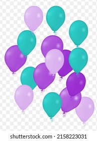 Realistic Helium Vector Balloons green Color and purple. Happy Birthday, in transparent background New Year Party Decoration.  Air Helium Balloons. Celebration,